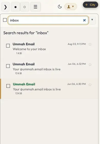 The ummah.email inbox in the webmail app, showing three messages from Ummah Email