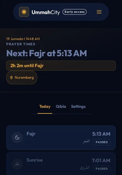 The UmmahCity prayer times screen: next prayer, countdown and the day's times for the detected city
