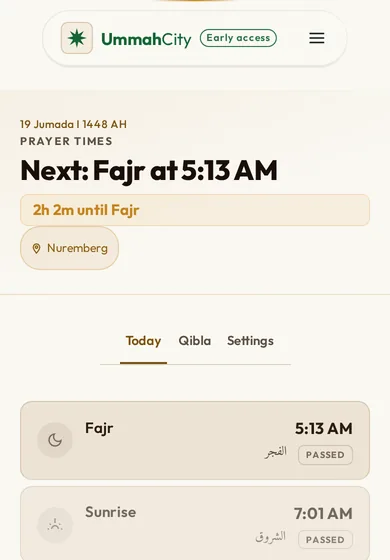 The UmmahCity prayer times screen: next prayer, countdown and the day's times for the detected city